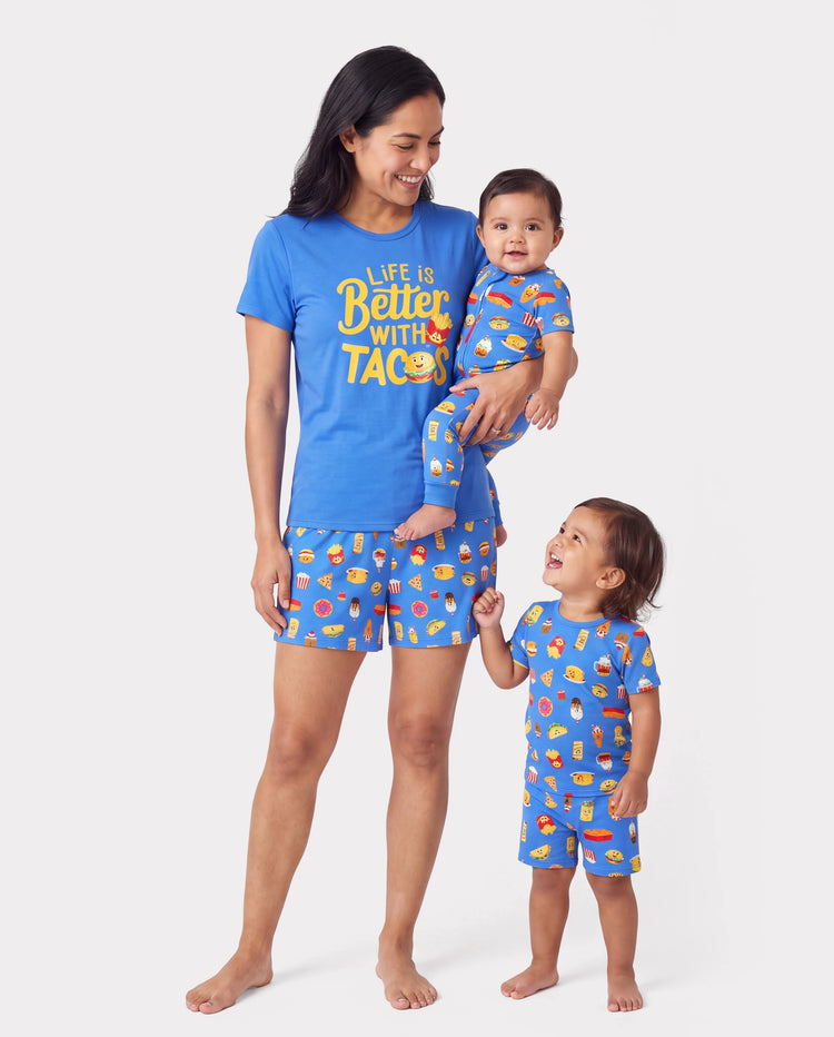 Mommy & me Bamboo Pajamas Buttery Soft Bamboo PJs for Men Women Kids Toddler, Cute Burger & Fries Print Short Sleeve Sleepwear (Snug-Fitting for Children) Royal Blue