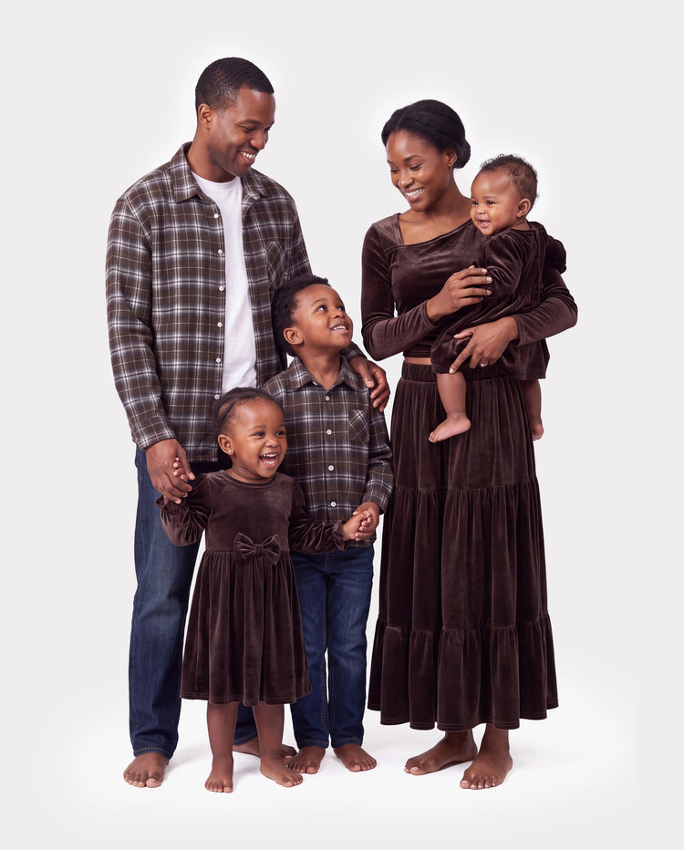Velvet & Plaid Matching Family Outfits Dad/Son Shirts & Mom/Daughter Velvet Dresses Sets Dark Brown