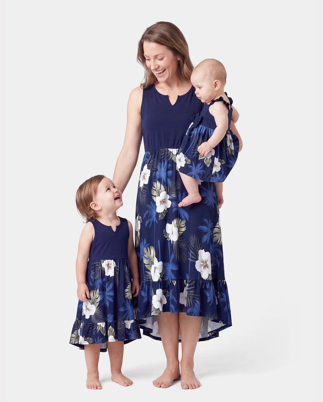 Mommy & me Floral Print Splicing Sleeveless Tank Dress Deep Blue