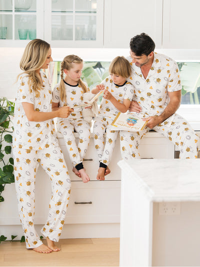 Family Matching Bamboo Pajamas Soft Bamboo Viscose PJs for Men Women Kids Toddler, Cute Bee Print Sleepwear with Short Sleeve Top and Long Pants White