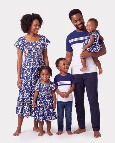 Family Matching Blue Colorblock Tee or Leaf Print Smocking Puff-sleeve Dress Set Blue