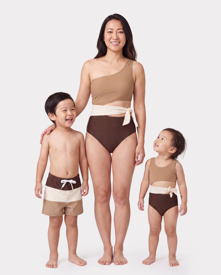 Mommy & me Color Block Swimsuits, Mommy and Me One-Shoulder Cutout Bikini Set Summer Beach Vacation Swimwear Coffee