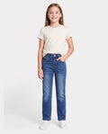 Kinder Pull On Elastische Taille Denim Jeans Weiche Stretch Bequeme Alltagshose mit Taschen tiefblau