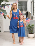 Independence Day Mommy and Me Patriotic Cherry Print Casual Sleeveless Dress Blue