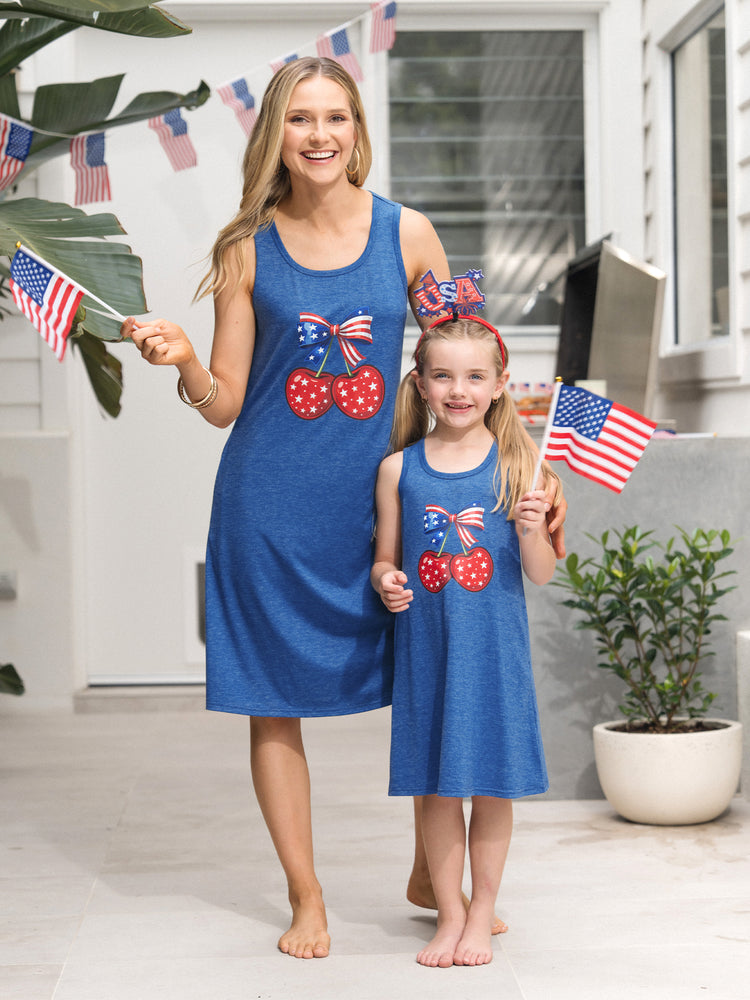 Independence Day Mommy and Me Patriotic Cherry Print Casual Sleeveless Dress Blue
