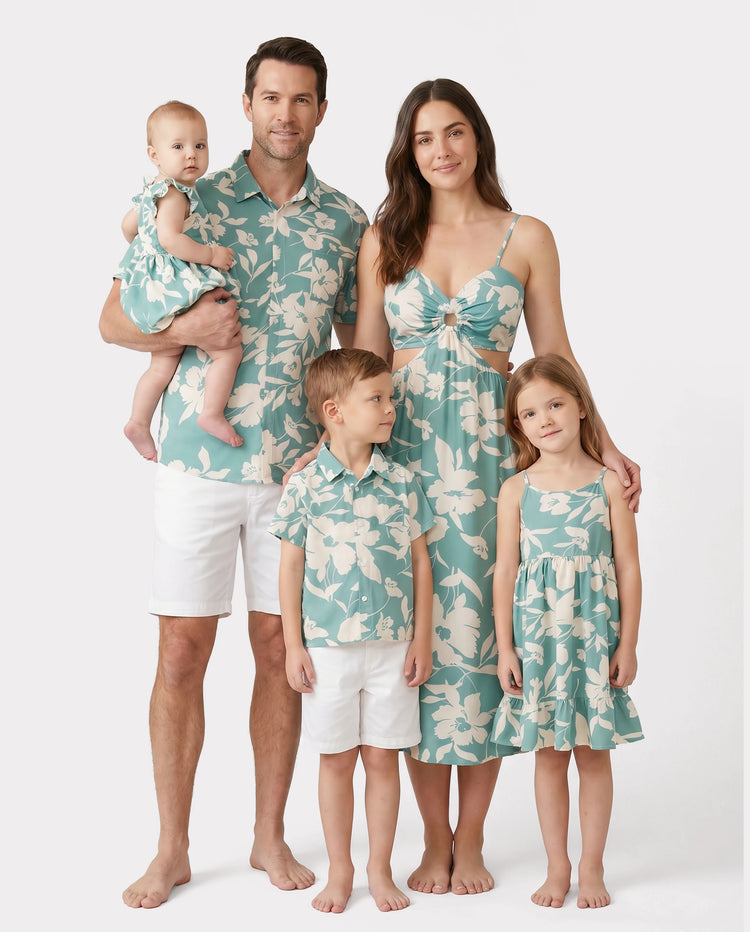 Family Matching Leaf Print Green Short-sleeve Shirt or Sling Shirred Dress Set Green