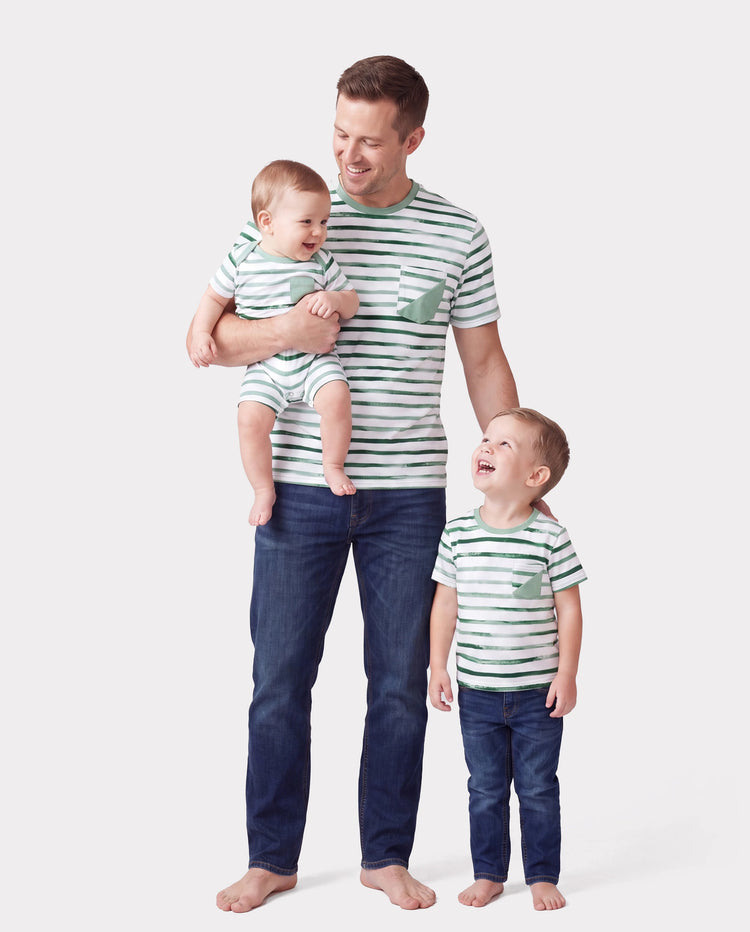 Daddy & Son Cotton Outfits Set Green Striped T-Shirt and Dress Set for Dad, Mom, Kids & Baby, Perfect for Summer Family Outings & Photos Green