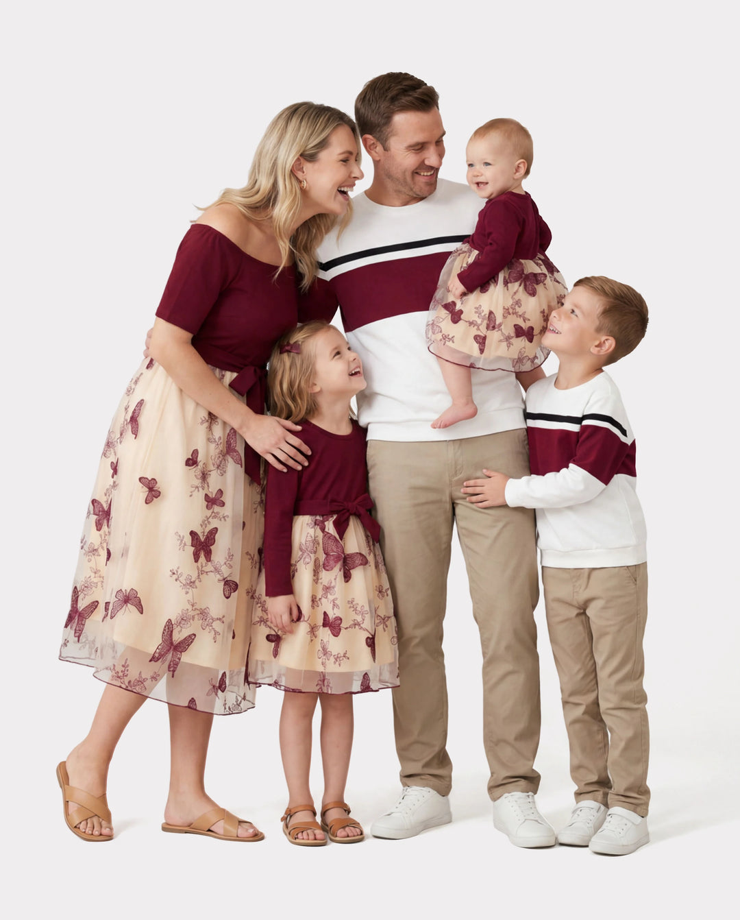 Family Matching Sets Long Sleeves Sweatshirt or Off-Shoulder Butterfly Embroidered Tulle Dress Burgundy