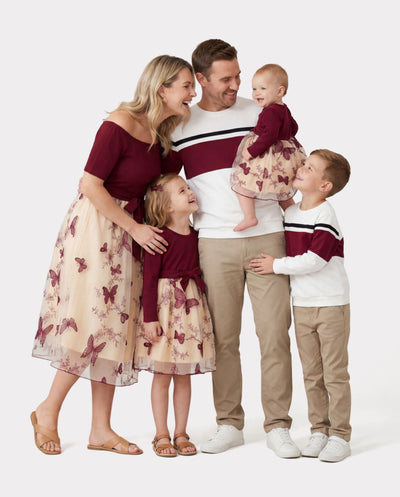 Conjuntos familiares a juego: sudadera de manga larga o vestido de tul con bordado de mariposas y hombros descubiertos color burdeos