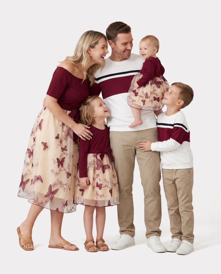 Family Matching Sets Long Sleeves Sweatshirt or Off-Shoulder Butterfly Embroidered Tulle Dress Burgundy
