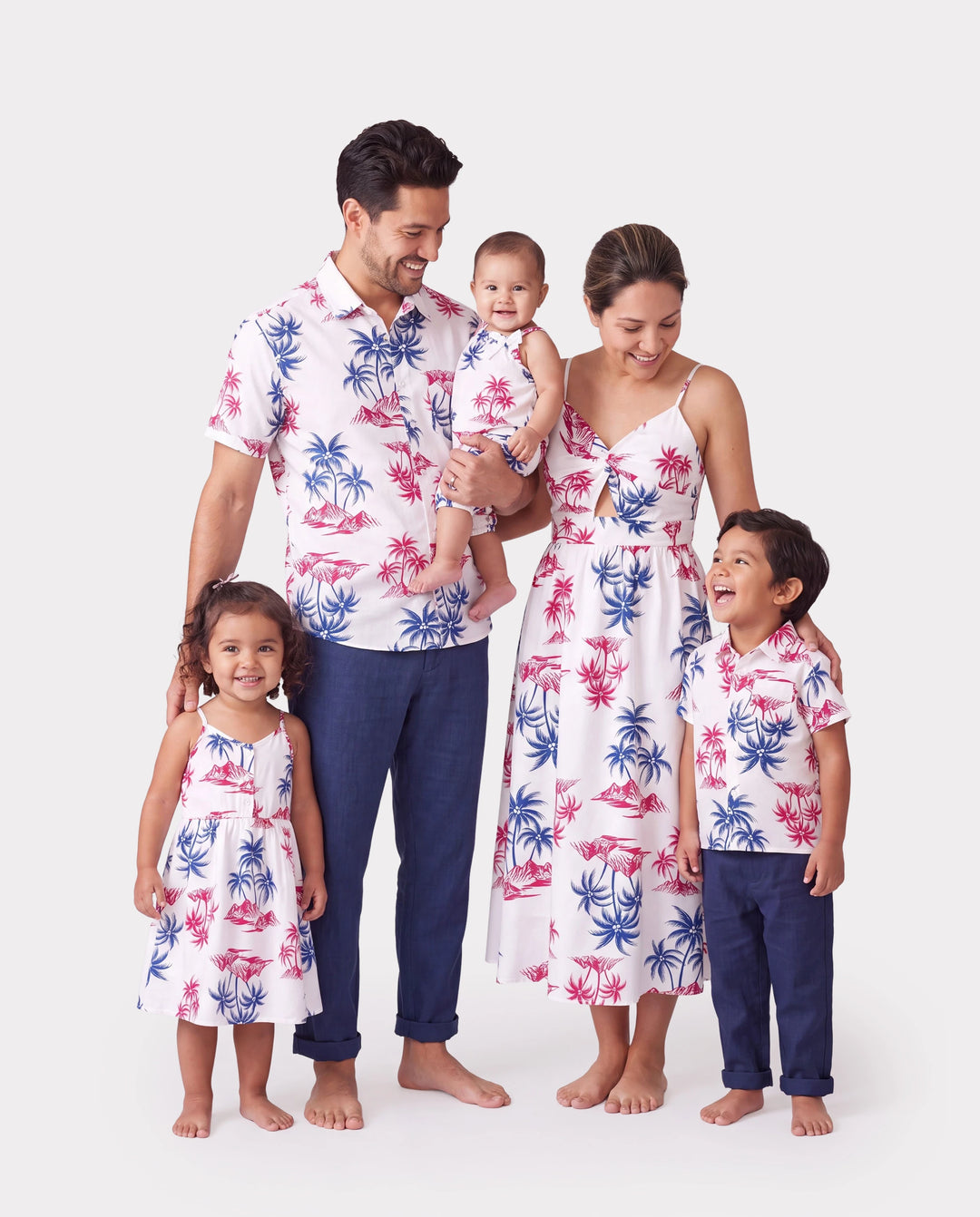 Independence Day Matching Family Outfits Red & Blue Palm Tree Print Hawaiian Vacation Clothes Summer Beach Shirt & Dress Set Multi-color