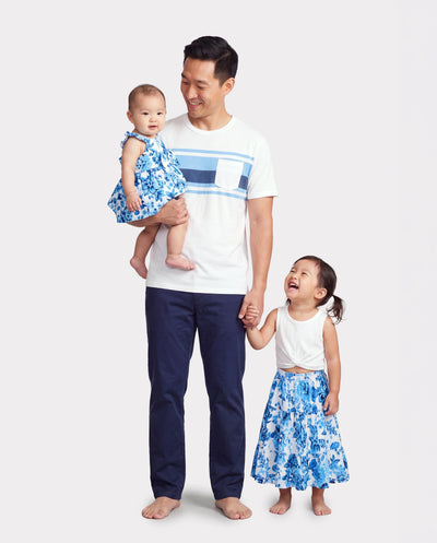 Daddy & Daughter Outfits White Camisole Top and Blue Floral Print Skirt Co-ord Set or Colorblock Short-sleeve T-shirt Blue
