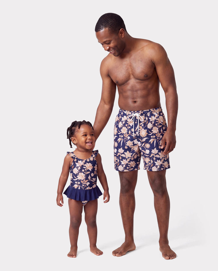 Daddy & Daughter Floral Print Swimsuits 2-in-1 One-Piece Swimsuit & Swim Trunks Deep Blue