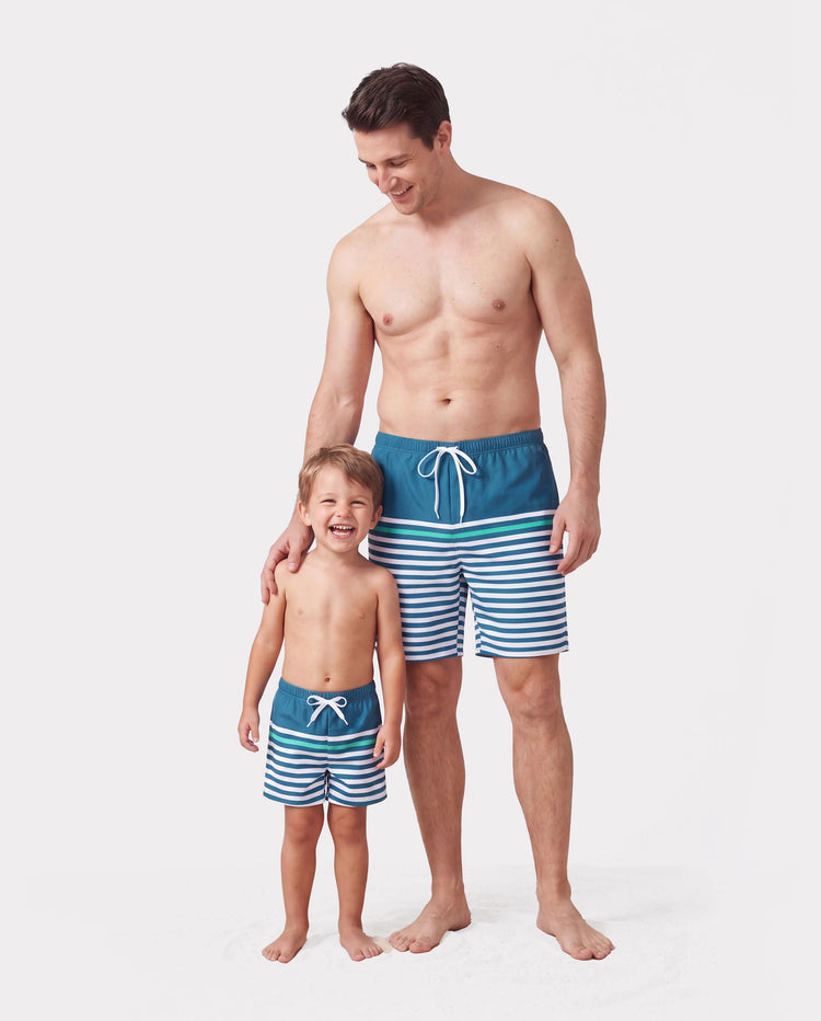 Daddy & Son Teal Striped Swimsuits Ruched Bikini & Swim Trunks Set Multi-color