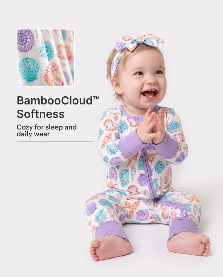 Body en Bambou Bébé Fille Élégant Imprimé à Fermeture Éclair 2 Sens Antidérapant Manches Longues avec Pieds et Bandeau Violet