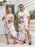 Independence Day Family Matching Patriotic Ice Cream Print Summer Cotton T-shirt & V-Neck Dresses White