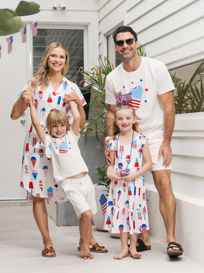 Independence Day Family Matching Patriotic Ice Cream Print Summer Cotton T-shirt & V-Neck Dresses White