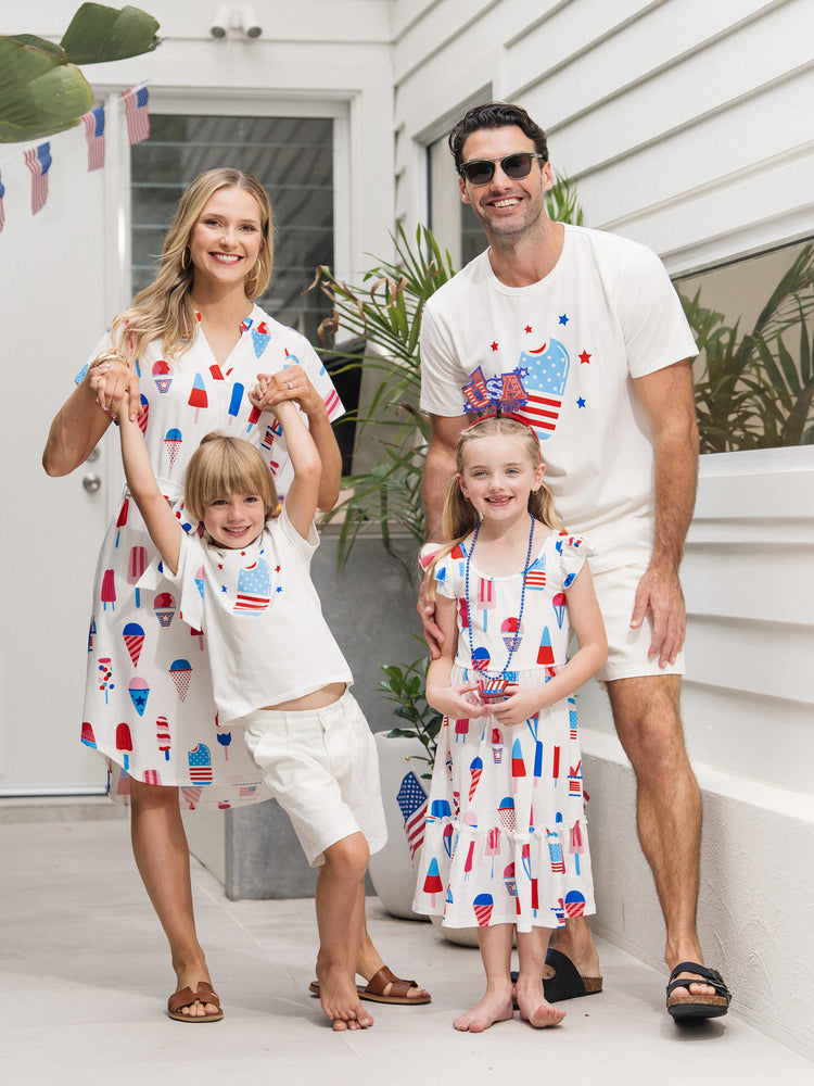 Independence Day Family Matching Patriotic Ice Cream Print Summer Cotton T-shirt & V-Neck Dresses White