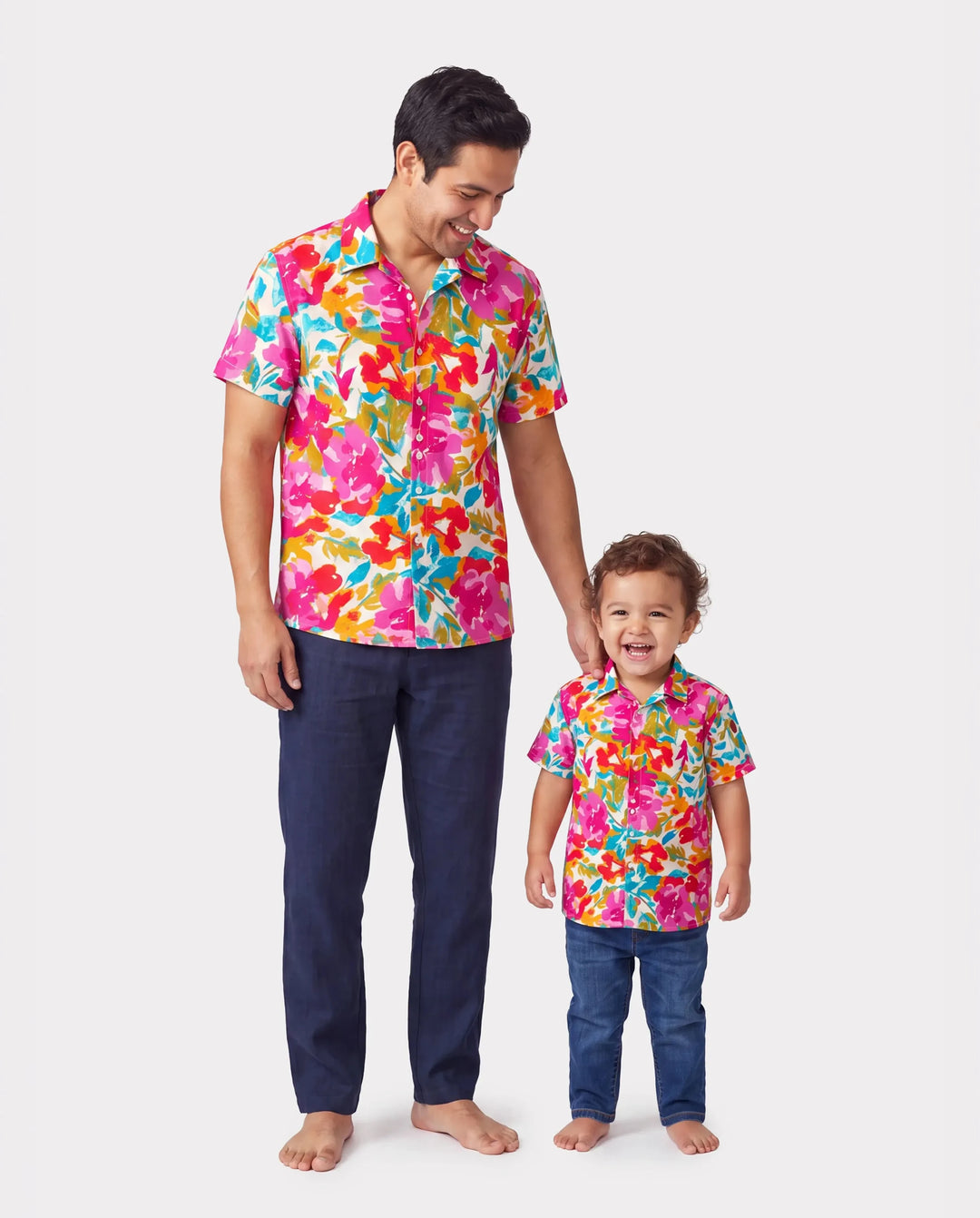 Daddy & Son Colorful Outfits Shirt Sets Summer Vacation Clothe for Beach, Photoshoots, Travel Hot Pink
