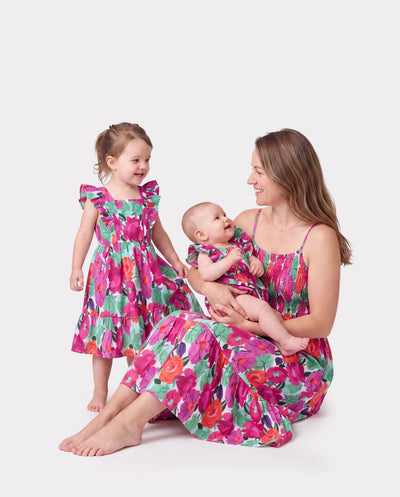 Mom & Me Matching Cotton Vacation Dresses Floral Smocked Dresses with Ruffle Straps for Summer Family Outings & Photos Multi-color