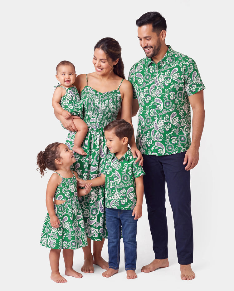 Family Matching Outfits Set Floral Print Short-sleeve Collar Shirt or Strappy Smocked  Dress for Summer Vacation  Green