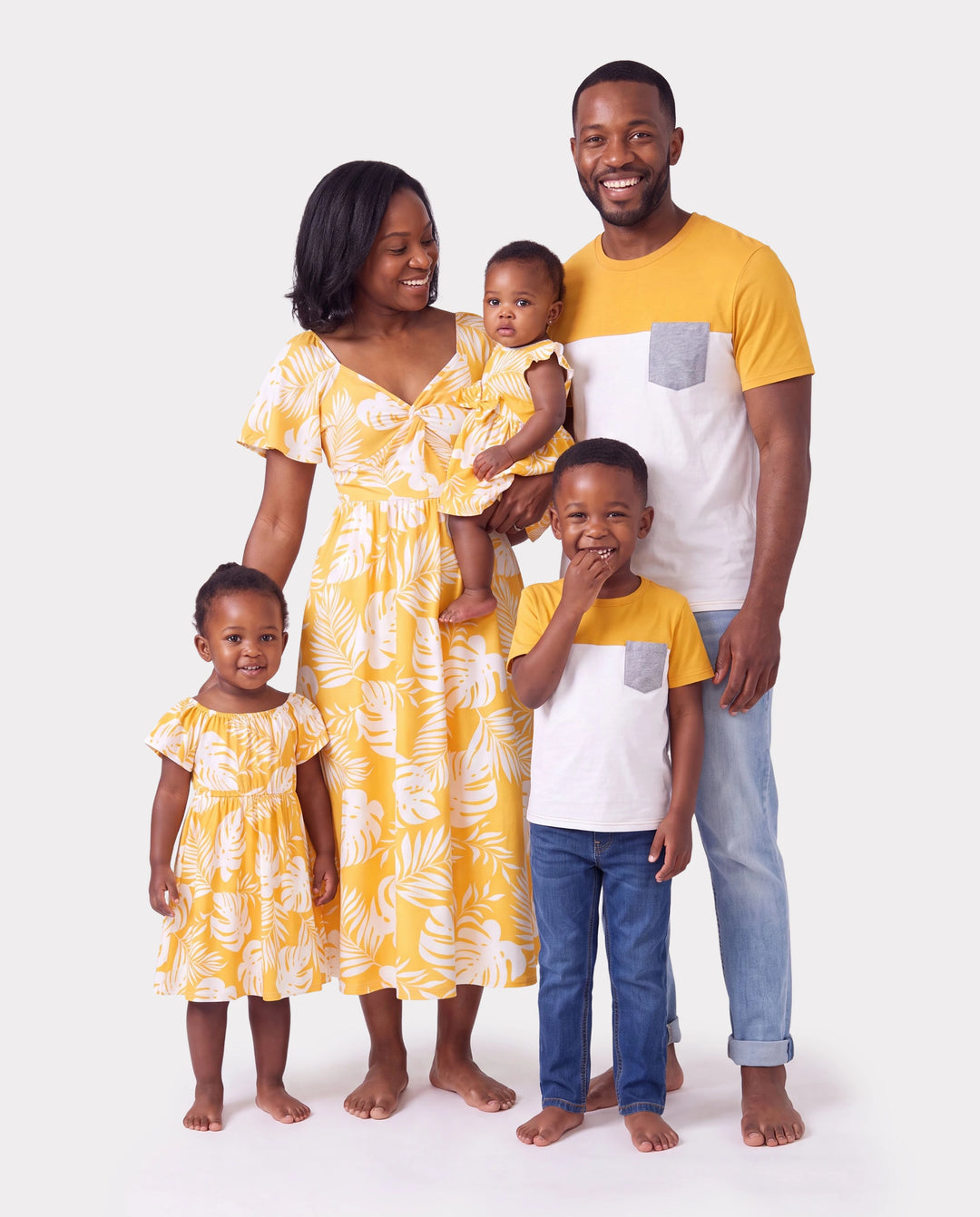 Family Matching Leaf Print  Flutter Dress or Short-sleeve Colorblock Shirts Yellow