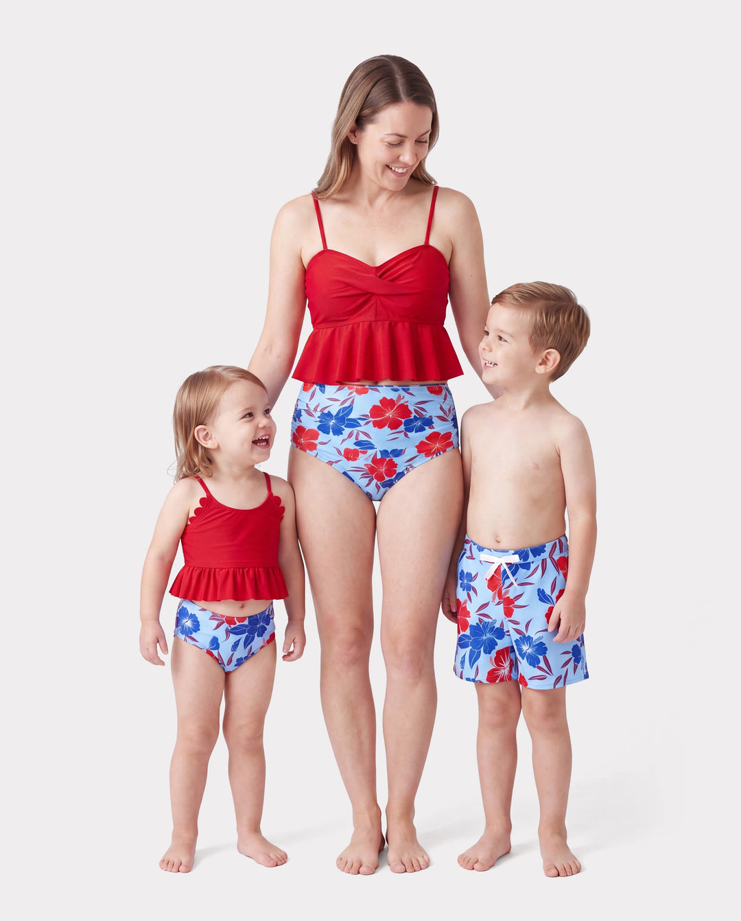 Mommy & me Swimwear Floral Print Bikini & Swim Trunks Set for Mom, Dad, & Kids, Perfect for Summer Beach Days & Pool Parties Red