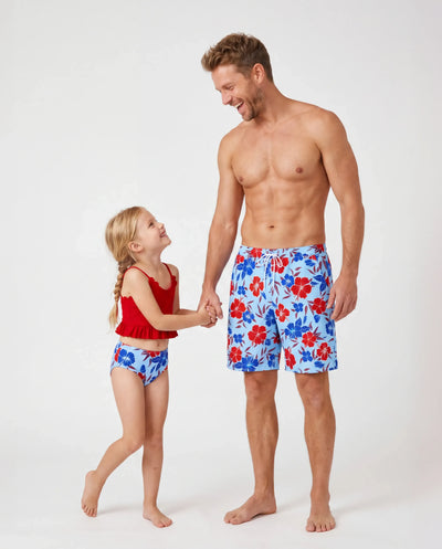 Maillots de bain Daddy & Fille Ensemble bikini & shorts de bain à imprimé floral pour maman, papa & enfants, parfait pour journées plage d'été & fêtes à la piscine Rouge