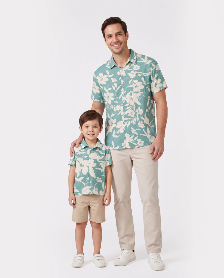 Daddy & Son Leaf Print Green Short-sleeve Shirt Set Green