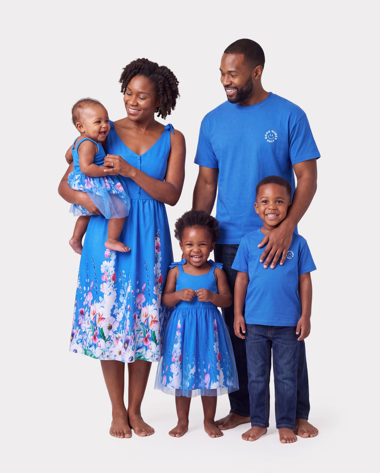 Family Matching Outfits Set Floral Sleeveless Dress or Short-sleeve T-shirt Blue