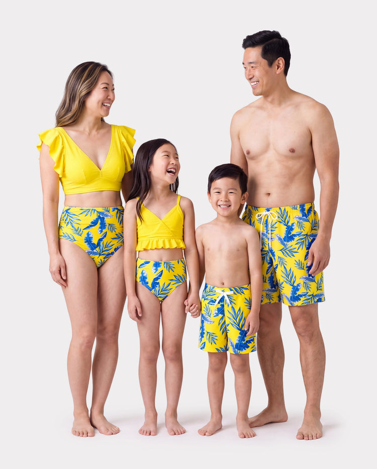 Family Matching Yellow Leaf Print Swim Trunks or Ruched Flutter Sleeve Bikini with Optional Swim Cover Up Yellow