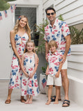 Independence Day Matching Family Outfits Red & Blue Palm Tree Print Hawaiian Vacation Clothes Summer Beach Shirt & Dress Set Multi-color