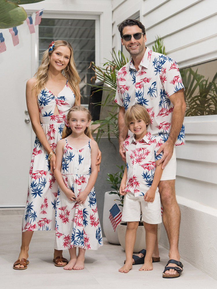 Independence Day Matching Family Outfits Red & Blue Palm Tree Print Hawaiian Vacation Clothes Summer Beach Shirt & Dress Set Multi-color