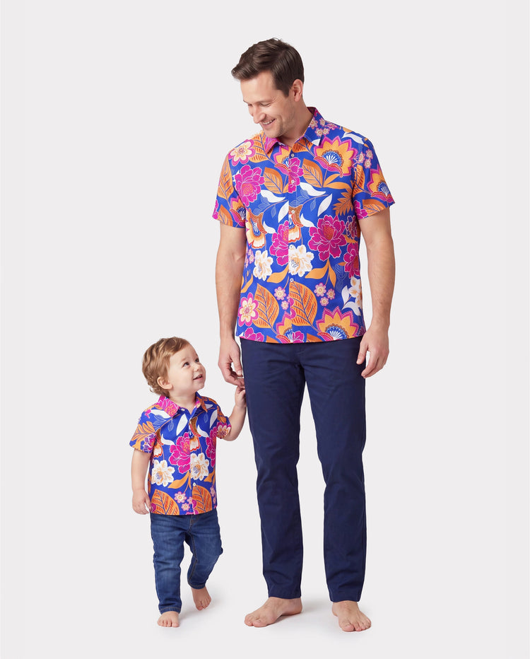 Daddy & Son Hawaiian Outfits Tropical Floral Print Vacation Clothes Short-sleeve Shirts Summer Beachwear Set Navy