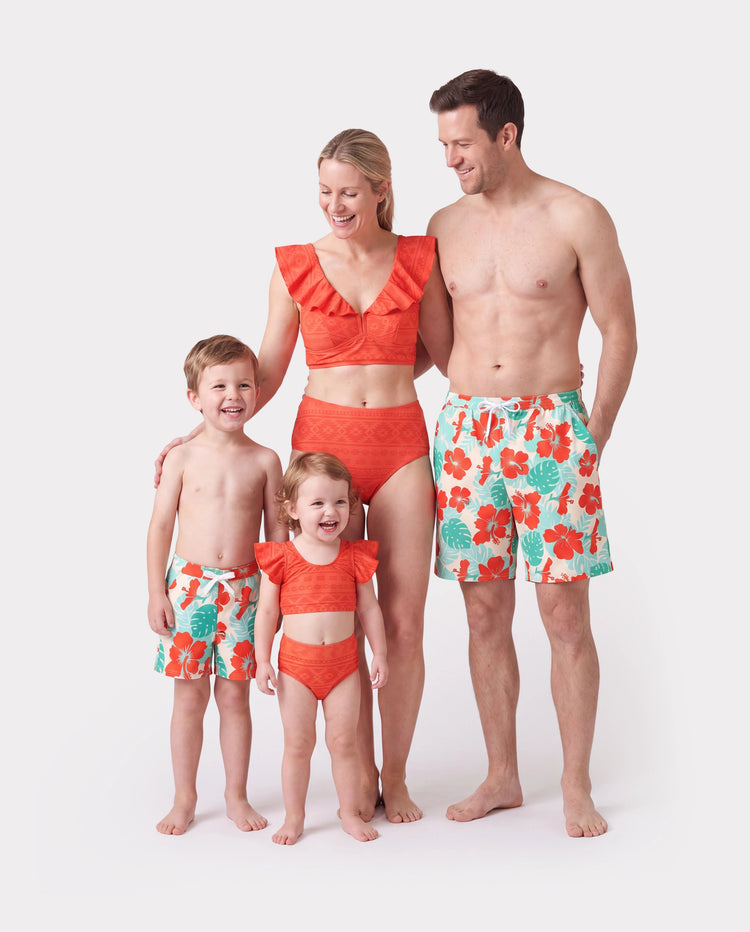 Family Matching Tropical Floral Print Swim Trunk or Ruffle Trim Bikini with Optional Beach Cover-Up Dress Orange