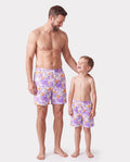 Daddy & Son Floral Print Swimsuits Ruffled One-Piece Bathing Suit & Swim Trunks Set Purple