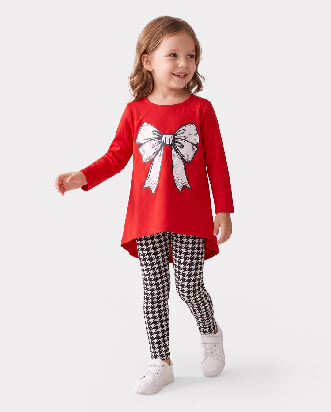 2pcs Toddler Girl Bowknot Print High Low Long-sleeve Tee and Houndstooth Leggings Set Red-2