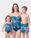 Mommy & me Swimsuits Tropical Palm Tree Print, Mommy and Me Ruffle two-piece Swimsuit, Beach Vacation Swimwear Turquoise