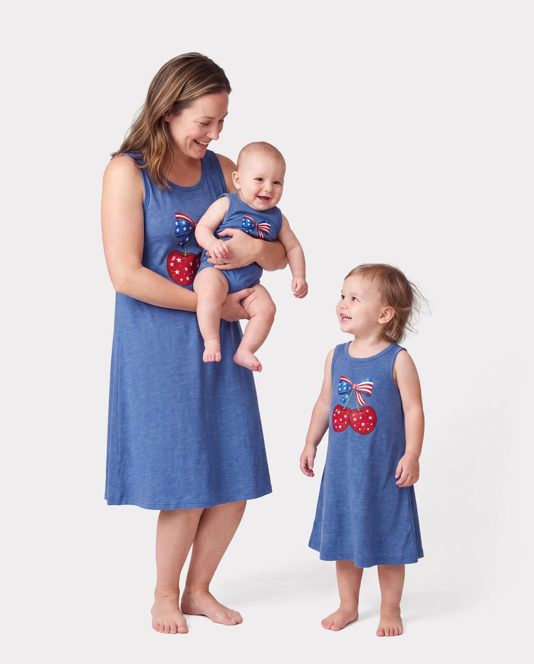 Independence Day Mommy and Me Patriotic Cherry Print Casual Sleeveless Dress Blue