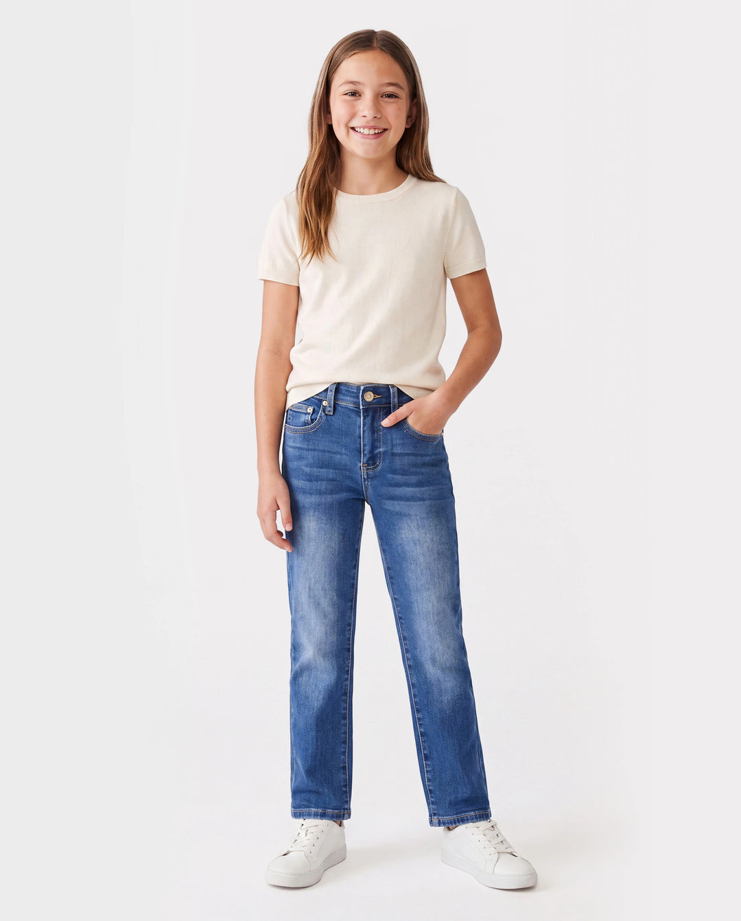 Kids Pull On Elastic Waist Denim Jeans Soft Stretch Comfortable Everyday Pants with Pockets Blue
