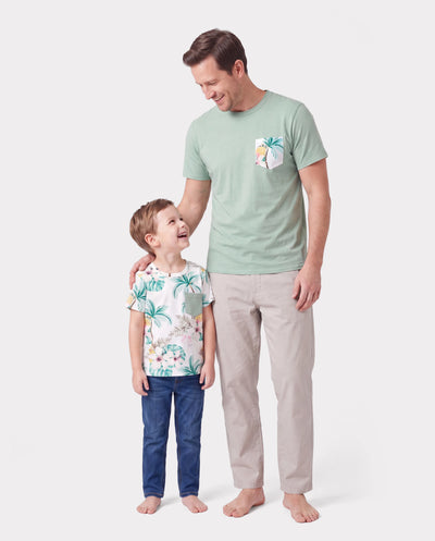 Daddy & Son Tropical Print Outfits,Dad/Kids Cotton T-Shirt Set Green