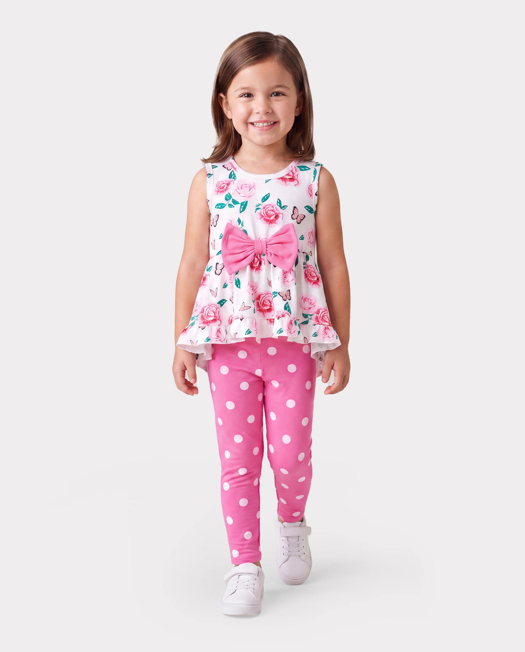 2-piece Toddler Girl Floral Print Bowknot Design Ruffled High Low Sleeveless Tee and Polka dots Pants Set Pink