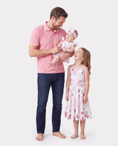 Daddy & Daughter Outfits Set Solid Color Short-sleeve Polo Collar Shirt or Flower Print Hollow out Dress Pink