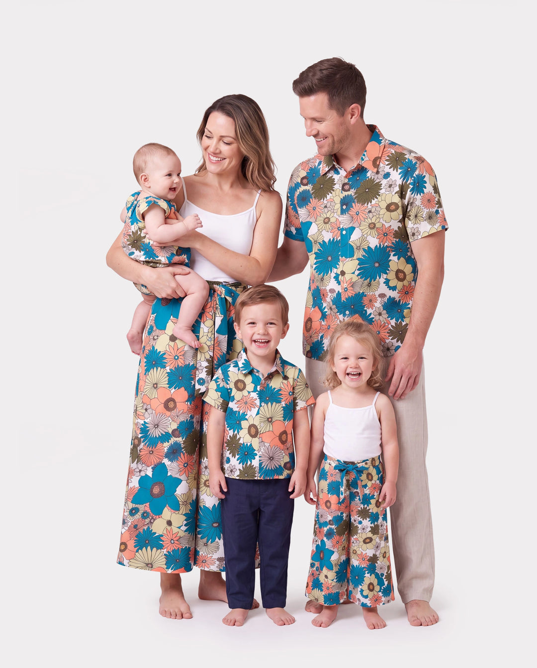 Family Matching Set Sun Flower Print Short-sleeve Collar Shirt or White Camisole Top and Flower Wide-leg Pants Set for Summer Vacation Multi-color