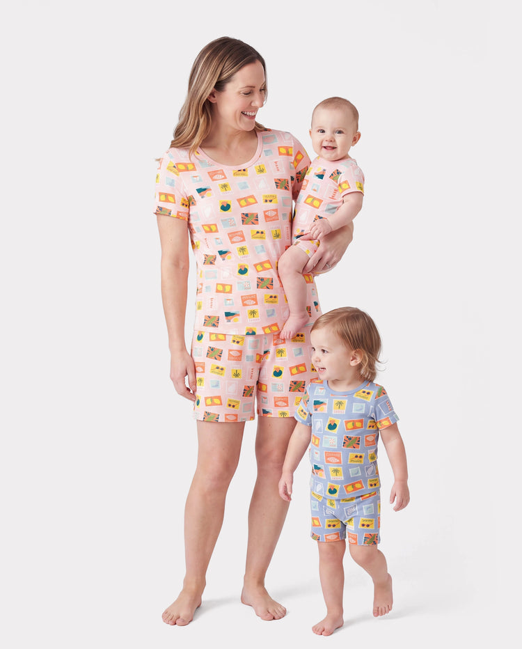 Mommy & me Bamboo Family Pajamas Vacation Theme Print Short-sleeve Matching Pajama set (Snug-Fitting for Children) Color block