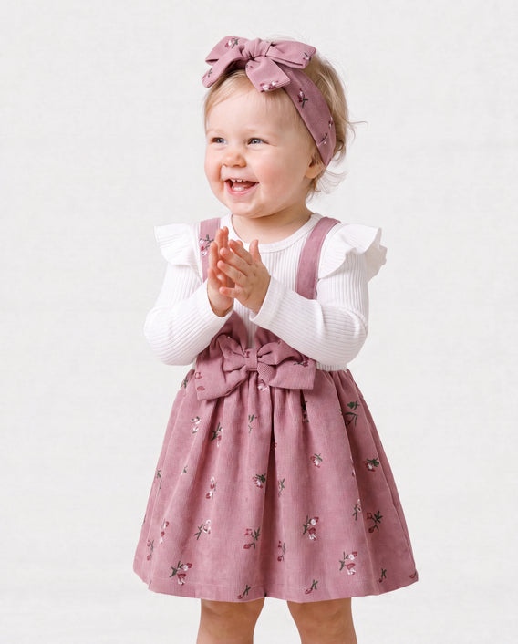 Robe bébé 2 pièces en coton à fleurs avec bandeau bicolore