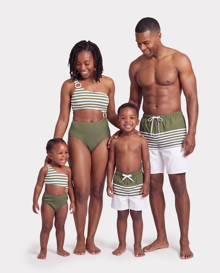 Family Matching Colorblock Stripe Swim Trunks or One Piece One Shoulder Swimsuit Army green