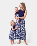 Mommy and Me Family Matching Cotton Tee Flora Print Splicing Shirt or Tank Dress Deep Blue