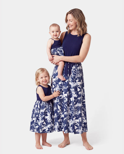 Mommy and Me Family Matching Cotton Tee Flora Print Splicing Shirt or Tank Dress Deep Blue