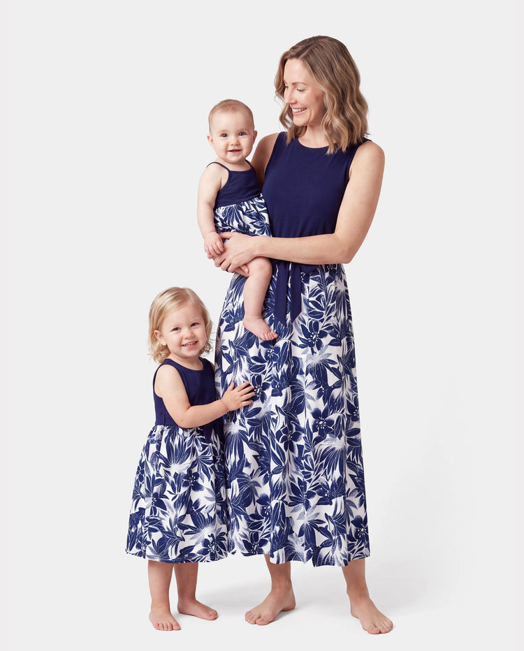 Mommy and Me Family Matching Cotton Tee Flora Print Splicing Shirt or Tank Dress Deep Blue
